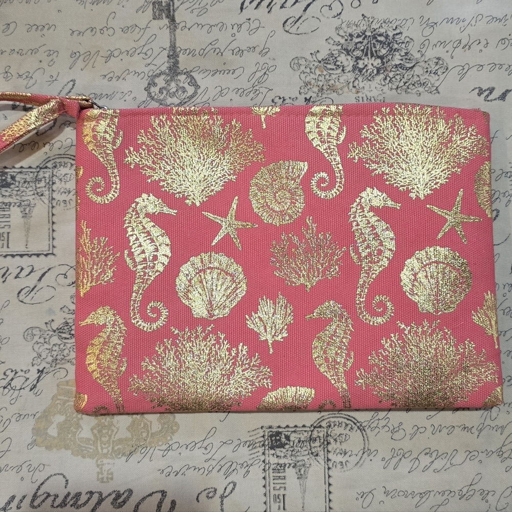 NWT Trendy Sea Life Metallic Gola Foil Coral Pink Clutch/ Wristlet Bag